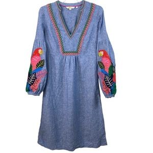 Boden NWOT Bodie Linen Dress Chambray Embroidered Parrots on the Sleeves Size:6
